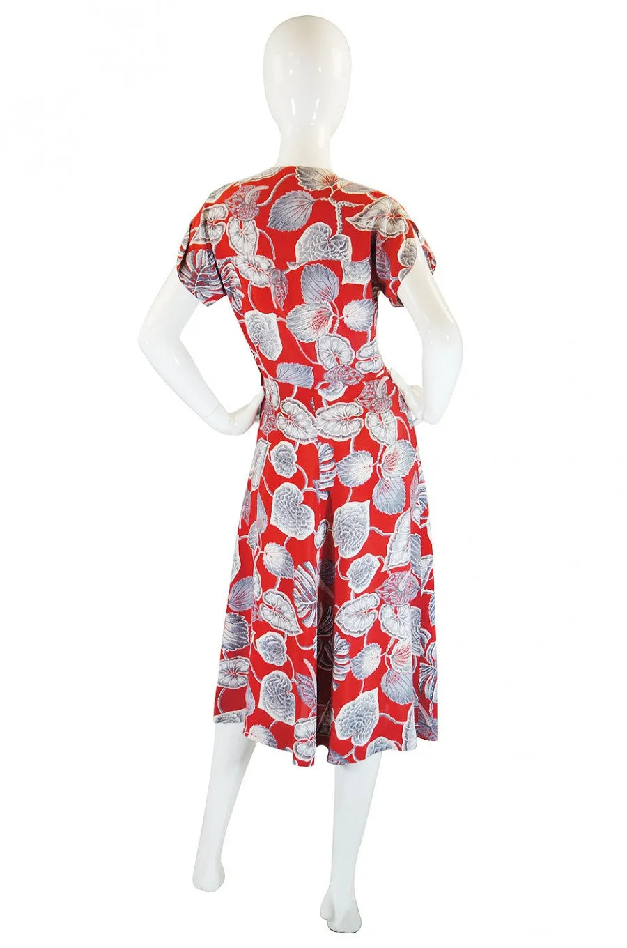 1940s Lily Print Red Rayon Swing Dress