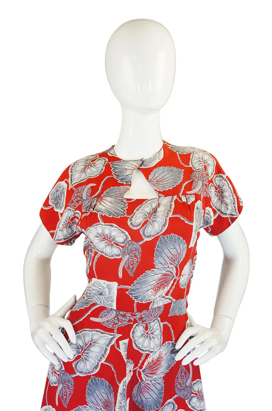 1940s Lily Print Red Rayon Swing Dress