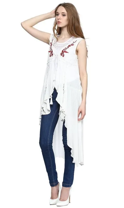 38733 Embroidered Waterfall Vest - White