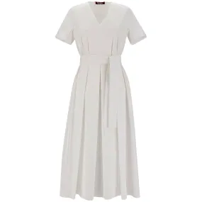 Agre Pleated Front Belt White Dress