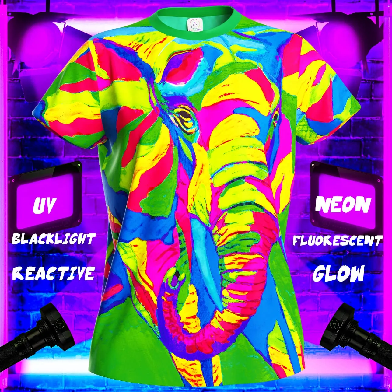 aofmoka Ultraviolet Fluorescent Handmade Art Neon Blacklight Reactive Print  Elephants Africa Safari  Women T-Shirt