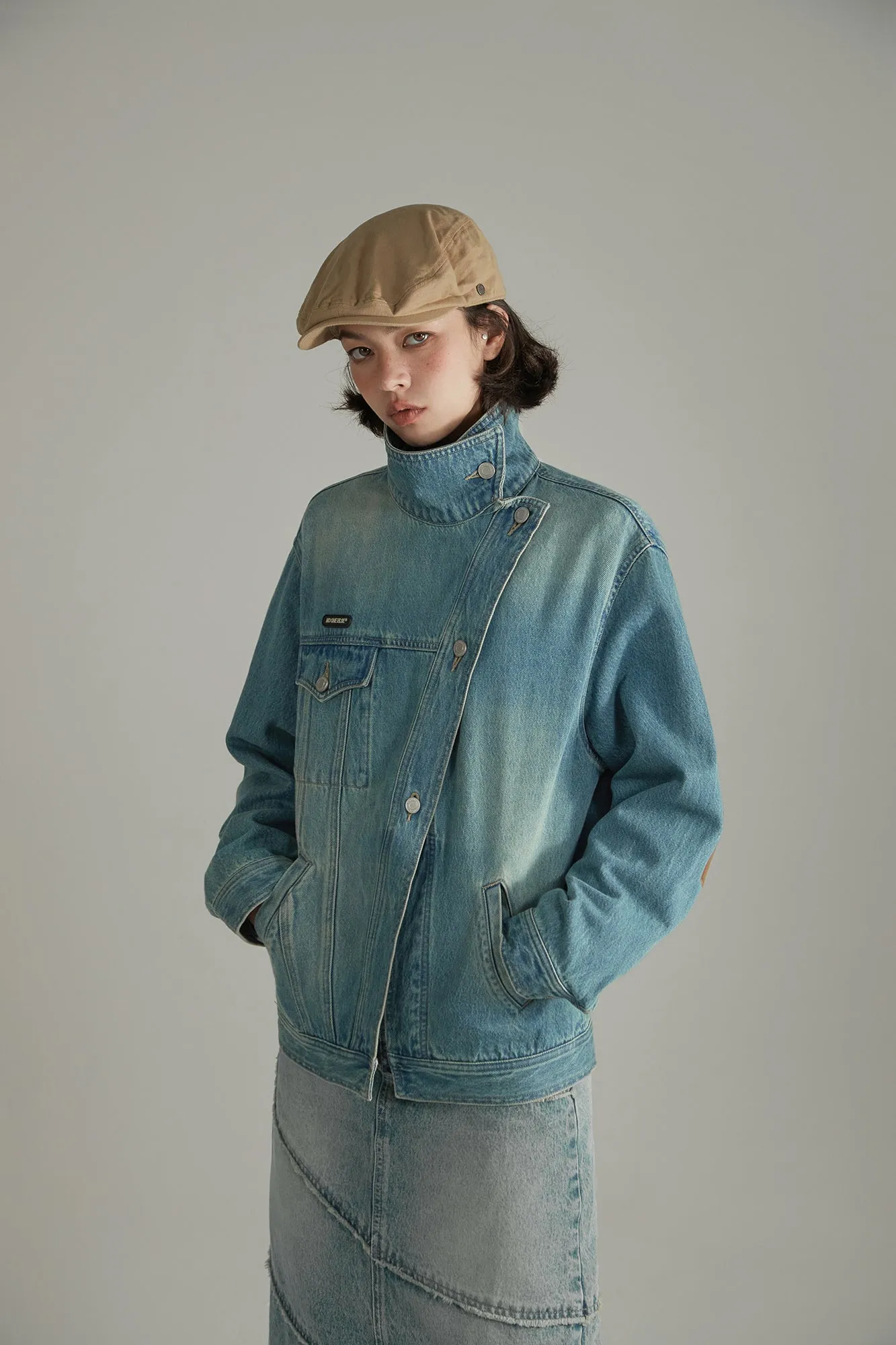 Asymmetrical High Neck Denim Jacket