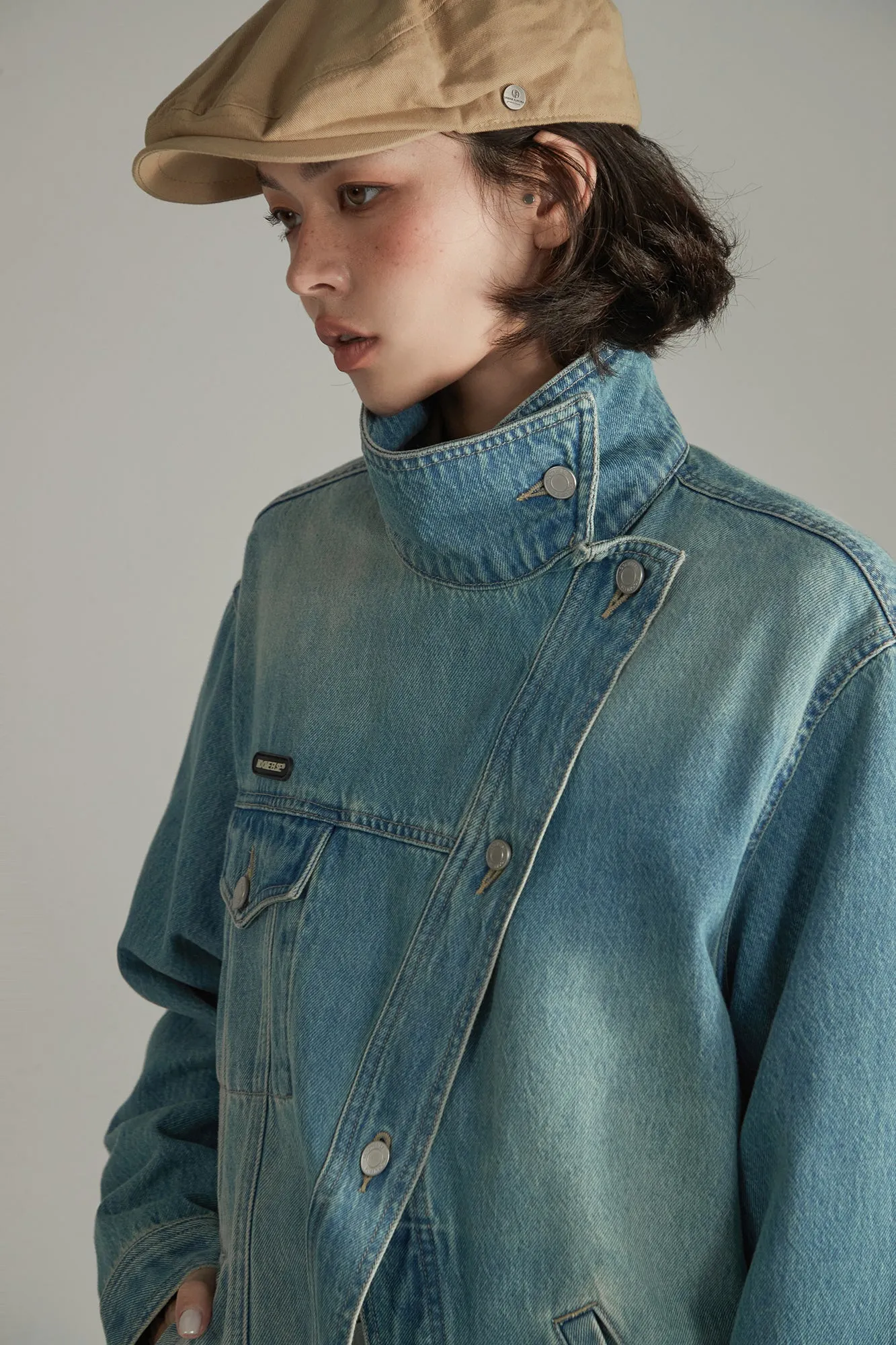 Asymmetrical High Neck Denim Jacket