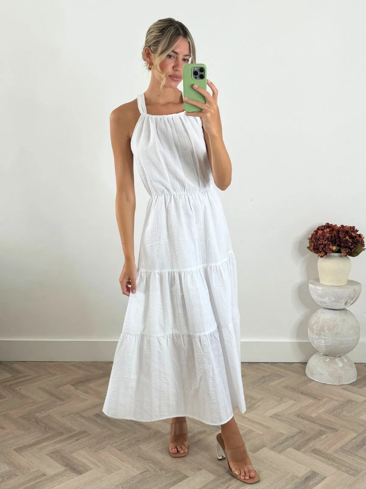 Aubrey Cross Back Midi Smock Dress in White