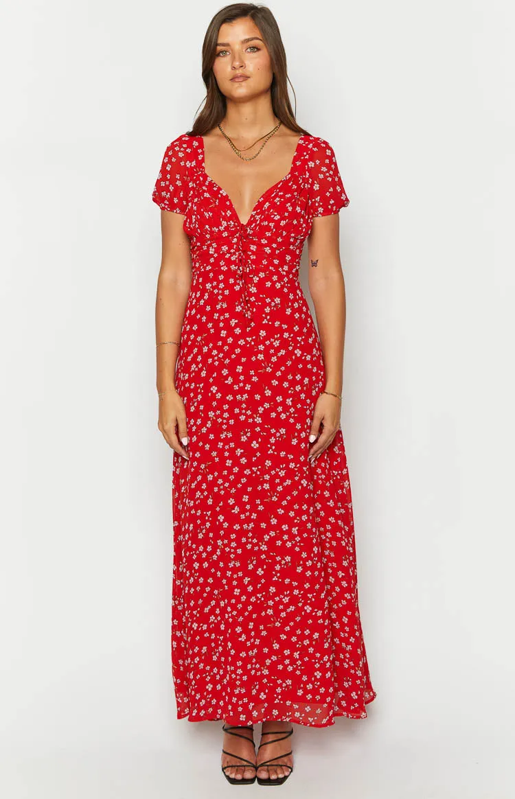 Ayla Red Floral Short Sleeve Maxi Dress