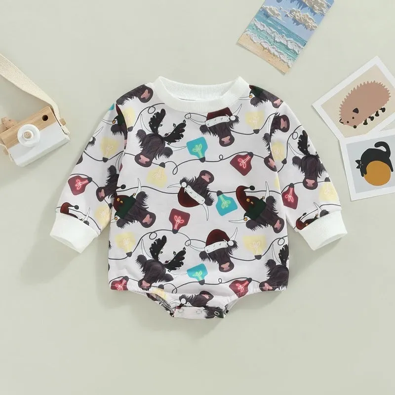 Baby Boys Girls Cartoon Bull Head Animal Print Long-sleeved Jumpsuit