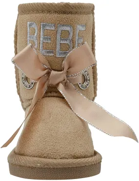 bebe Toddler Girls’ Little Kid Slip On Mid Calf Warm Winter Boots with Satin Bow, Rhinestone Grommets and Logo Embroidery