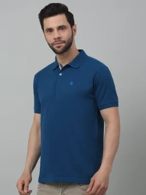 Cantabil Blue Solid Polo Neck Half Sleeve T-shirt For Men