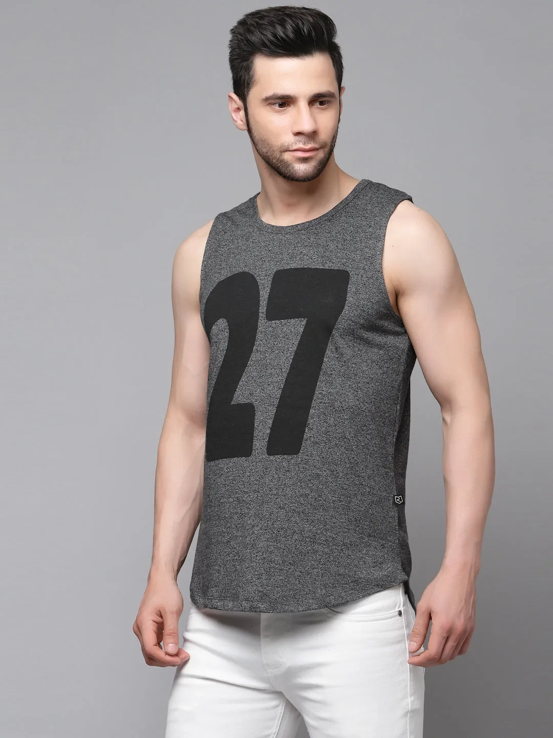 Charcoal Numerical Print Cotton Sleeveless T-Shirt Vest