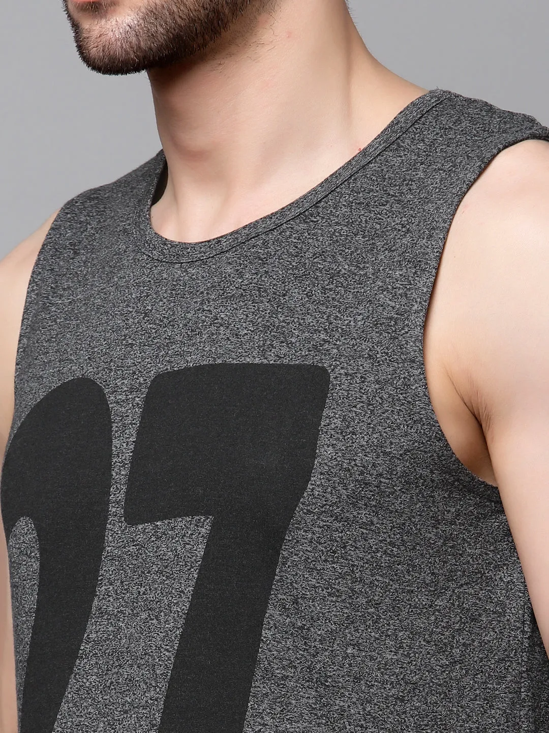 Charcoal Numerical Print Cotton Sleeveless T-Shirt Vest