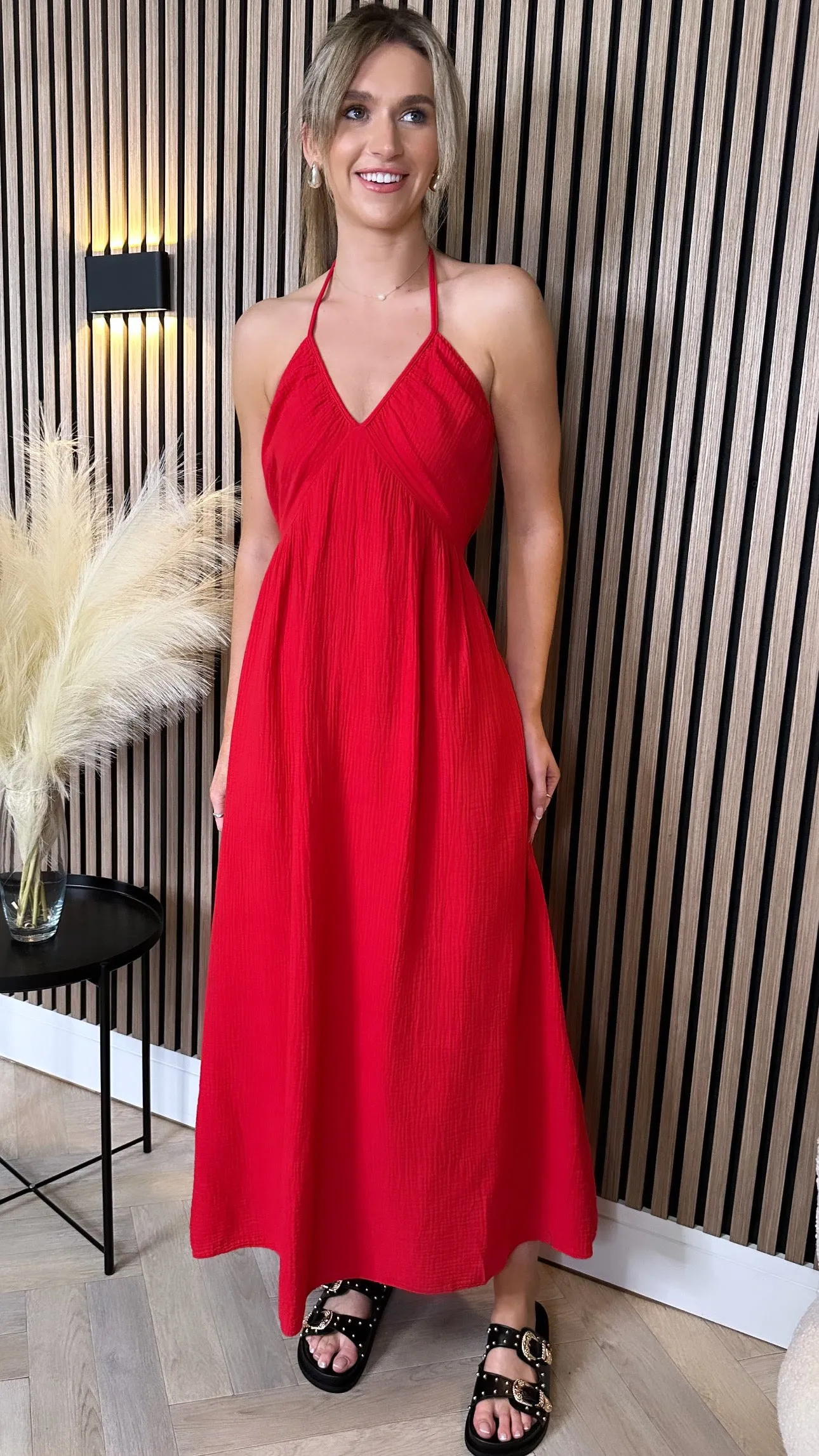 Cindy Red Halterneck Midi Dress