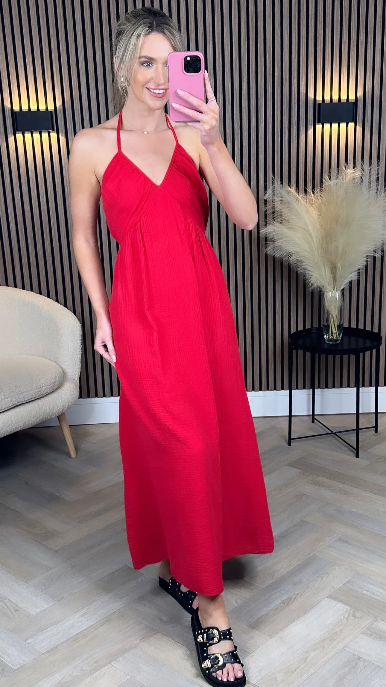 Cindy Red Halterneck Midi Dress