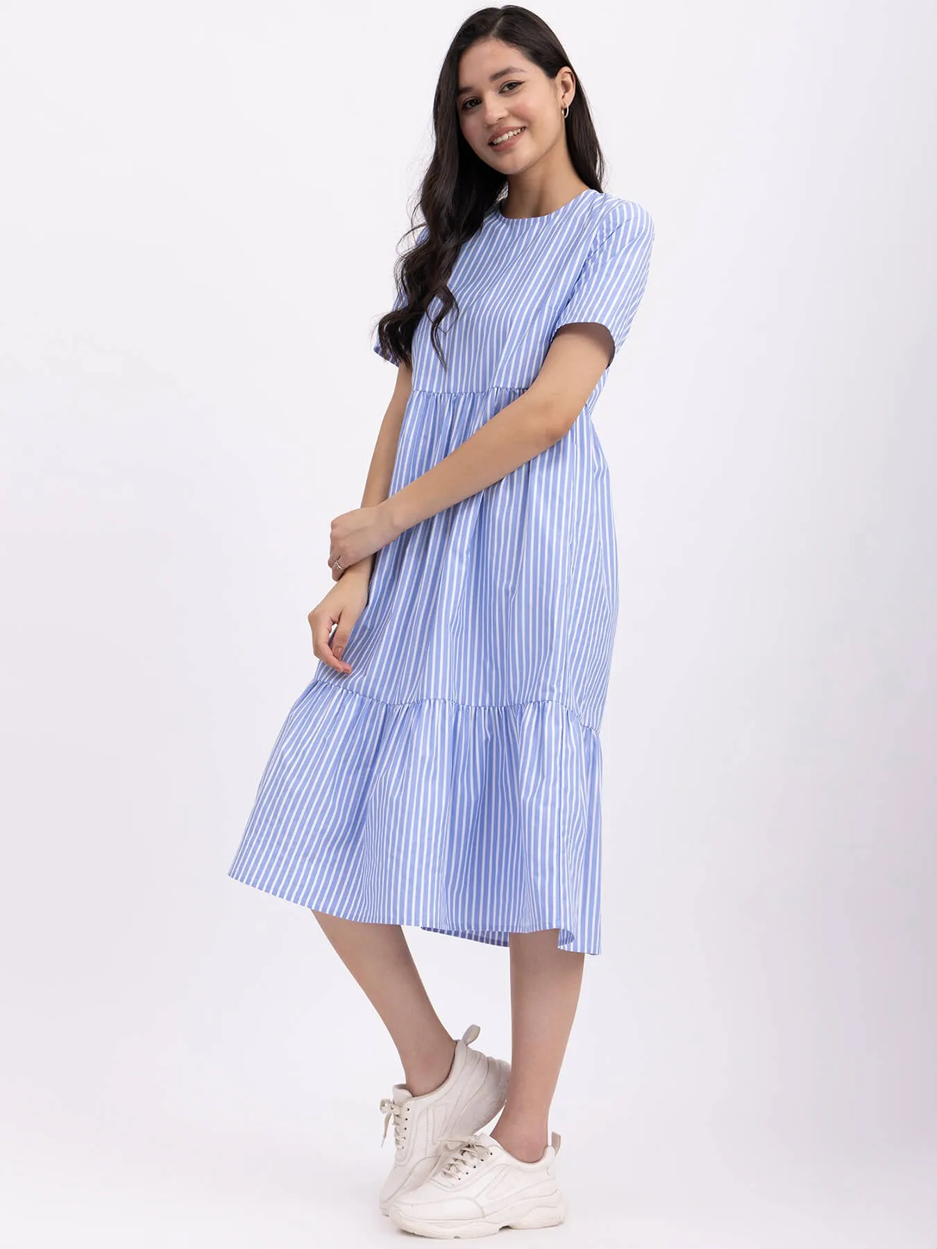 Cotton Tiered Striped Dress - Blue And White