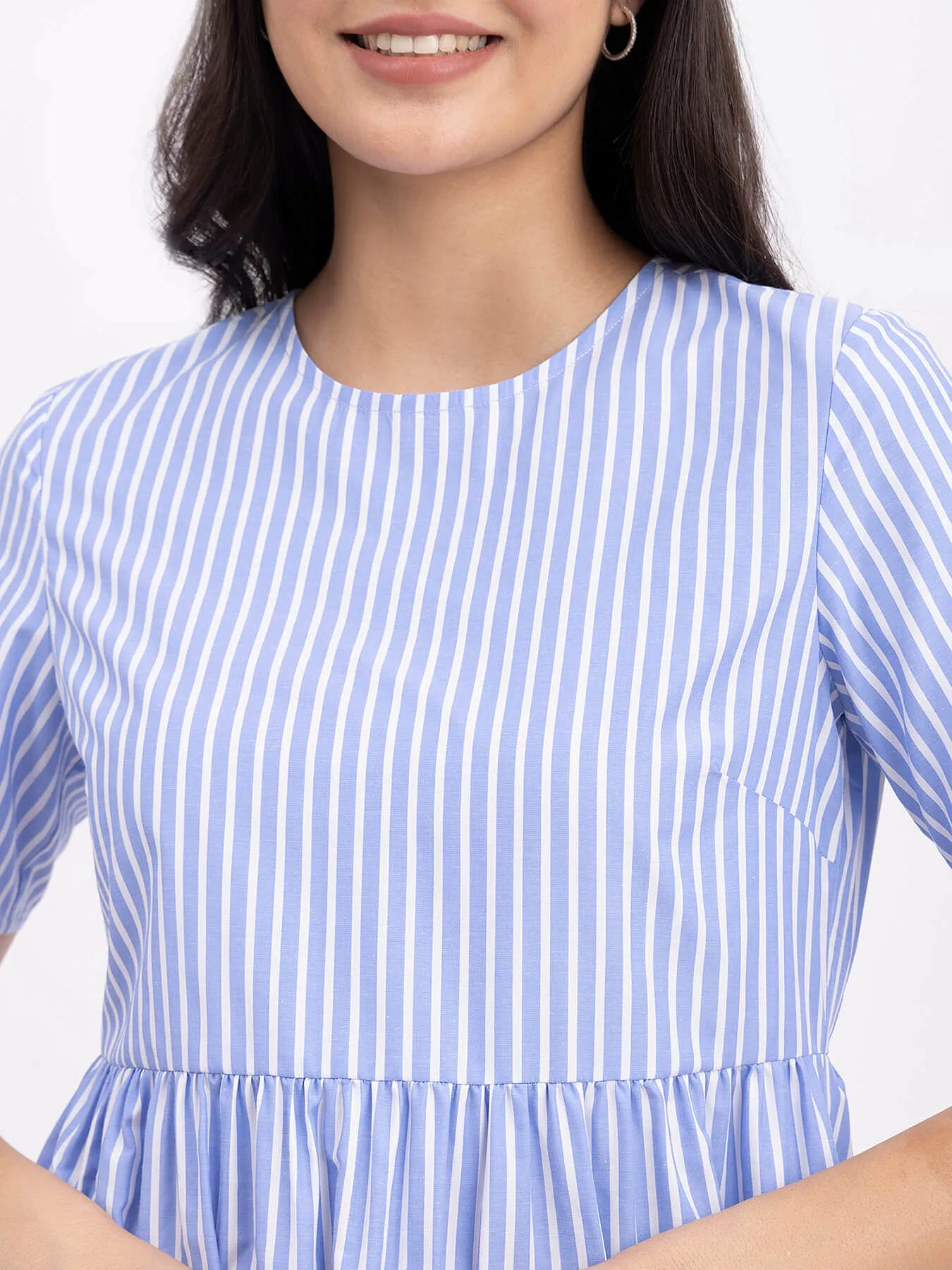 Cotton Tiered Striped Dress - Blue And White