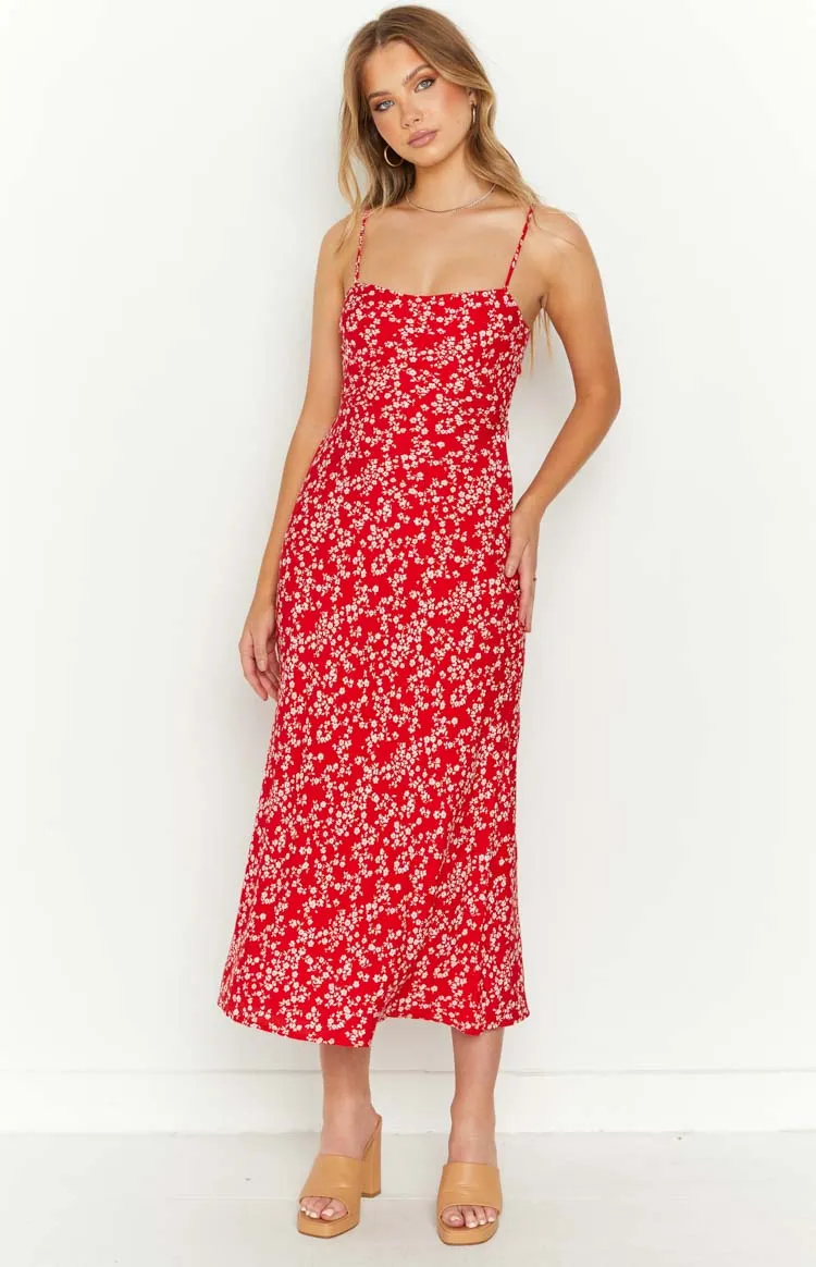 Delphine Red Floral Midi Dress