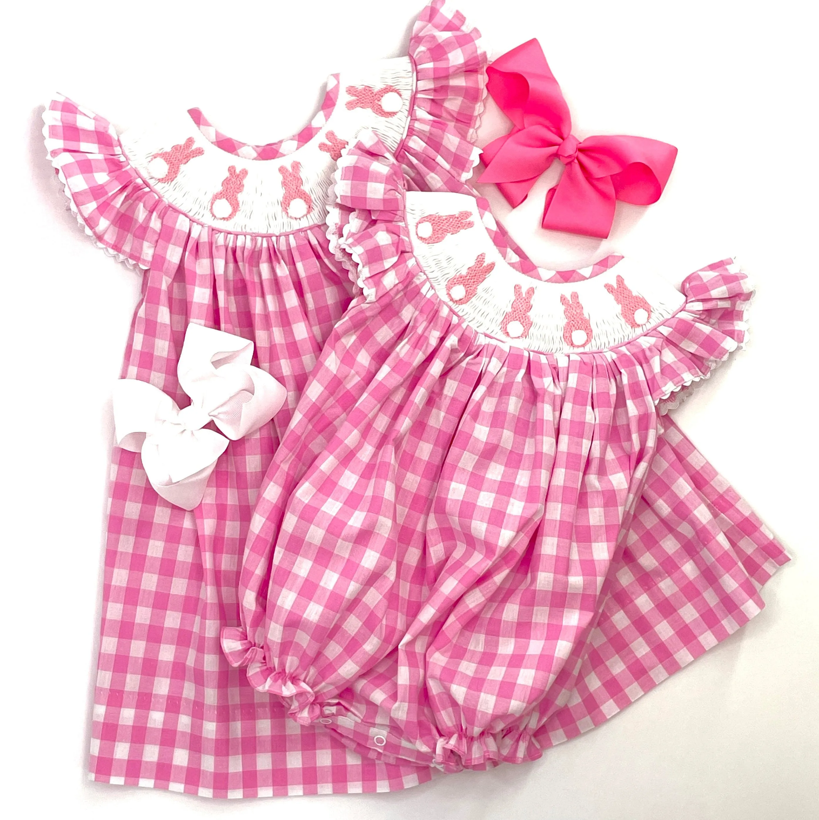 Easter Bunny Smocked Dress in pink gingham