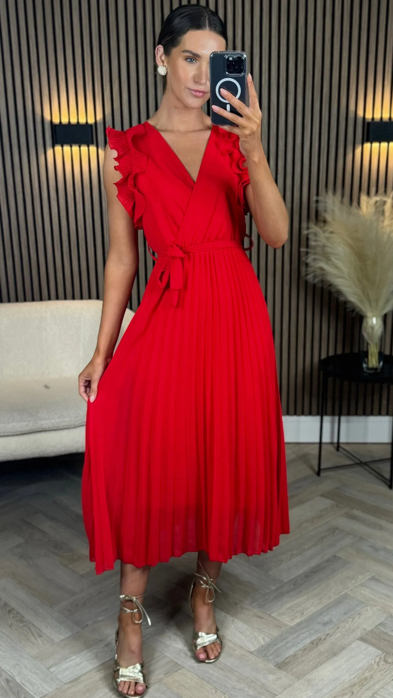 Farah Red Belted Midi Dress