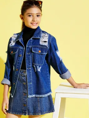 Girls Navy Raw Hem Distressed Denim Jacket