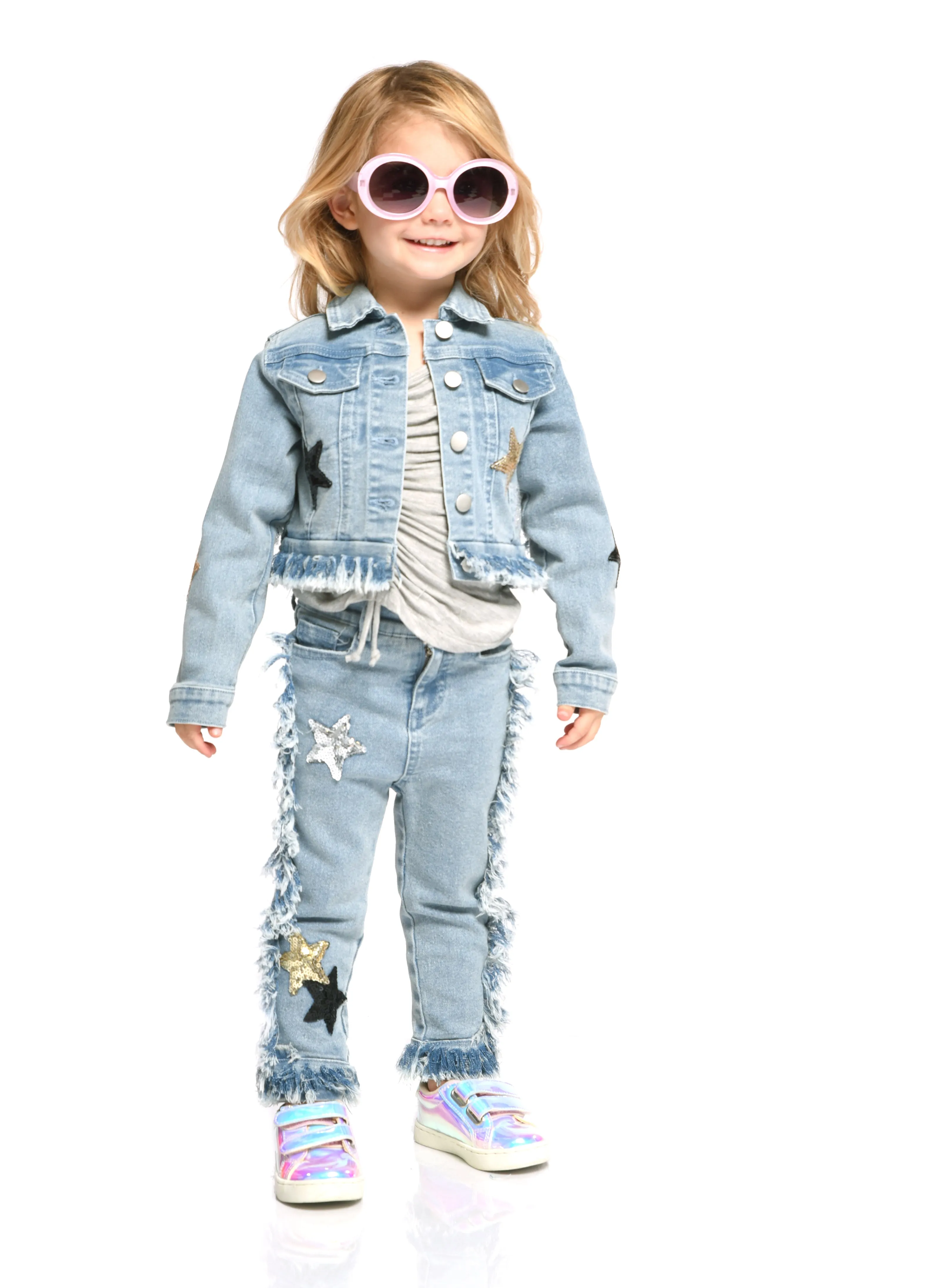 Girls Star Patch And Frayed Edge Details Denim Jacket