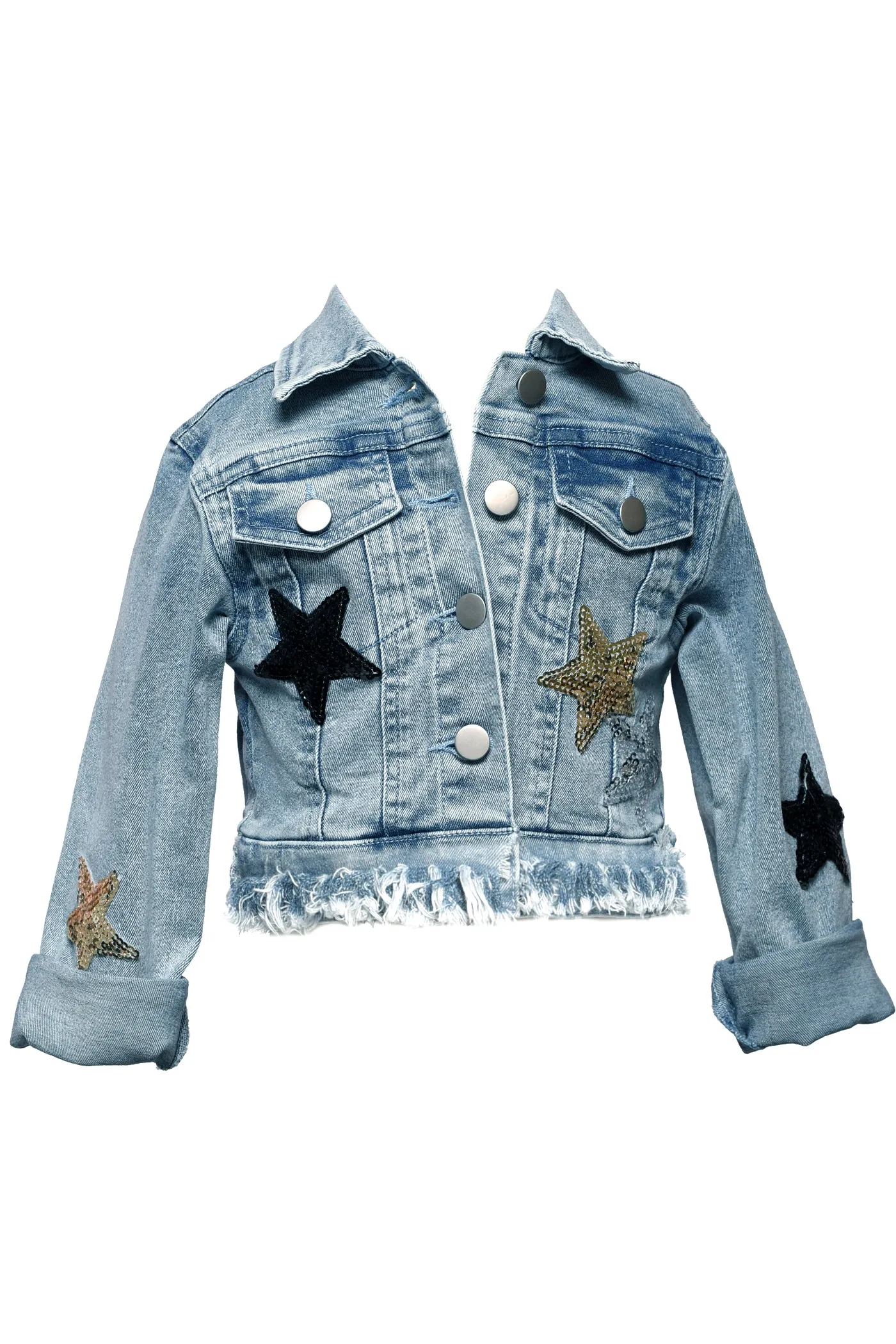 Girls Star Patch And Frayed Edge Details Denim Jacket