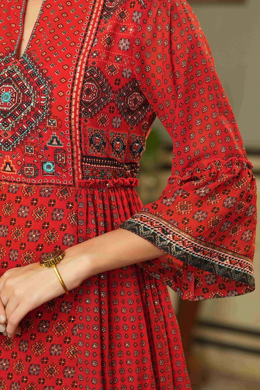 Juniper Red Ethnic Motif Printed Georgette Flared Dress.