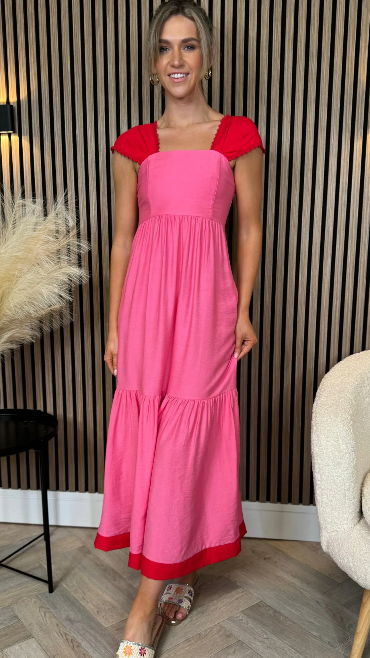 Kailani Pink & Red Trimmed Midi Dress