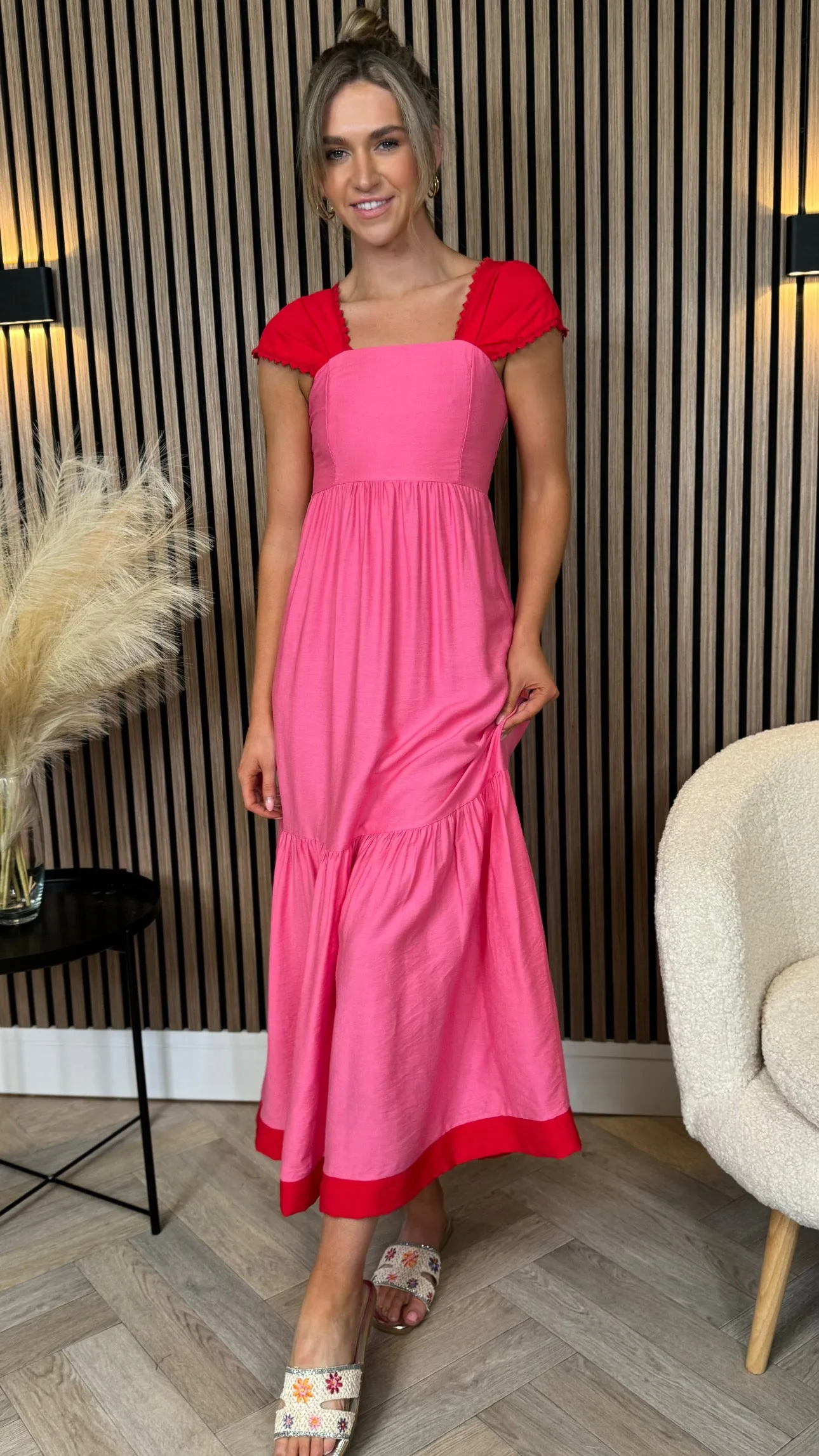 Kailani Pink & Red Trimmed Midi Dress