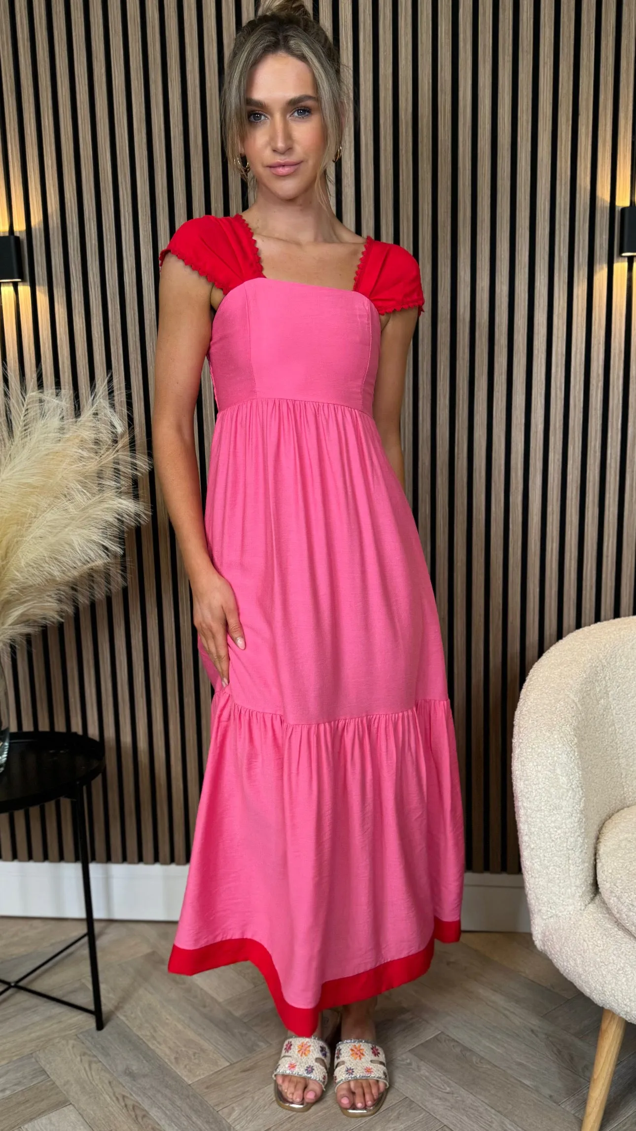 Kailani Pink & Red Trimmed Midi Dress