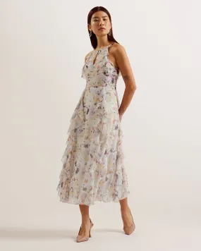 Lauriin Sleeveless Floral Ruffle Detail Midi Dress White