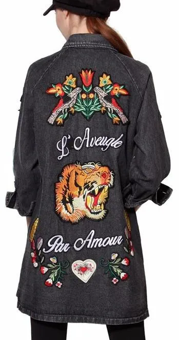 'L'aveugle Par Amour' Applique Floral Embellished Sequin Long Distressed Denim Jacket