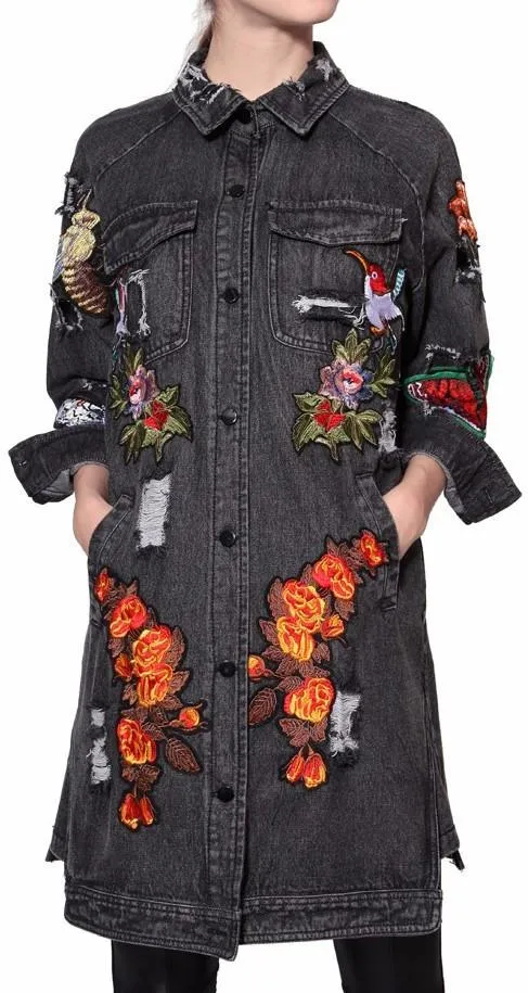 'L'aveugle Par Amour' Applique Floral Embellished Sequin Long Distressed Denim Jacket