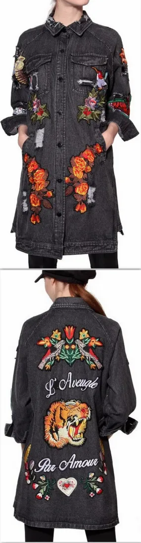 'L'aveugle Par Amour' Applique Floral Embellished Sequin Long Distressed Denim Jacket