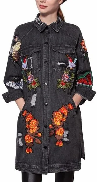 'L'aveugle Par Amour' Applique Floral Embellished Sequin Long Distressed Denim Jacket