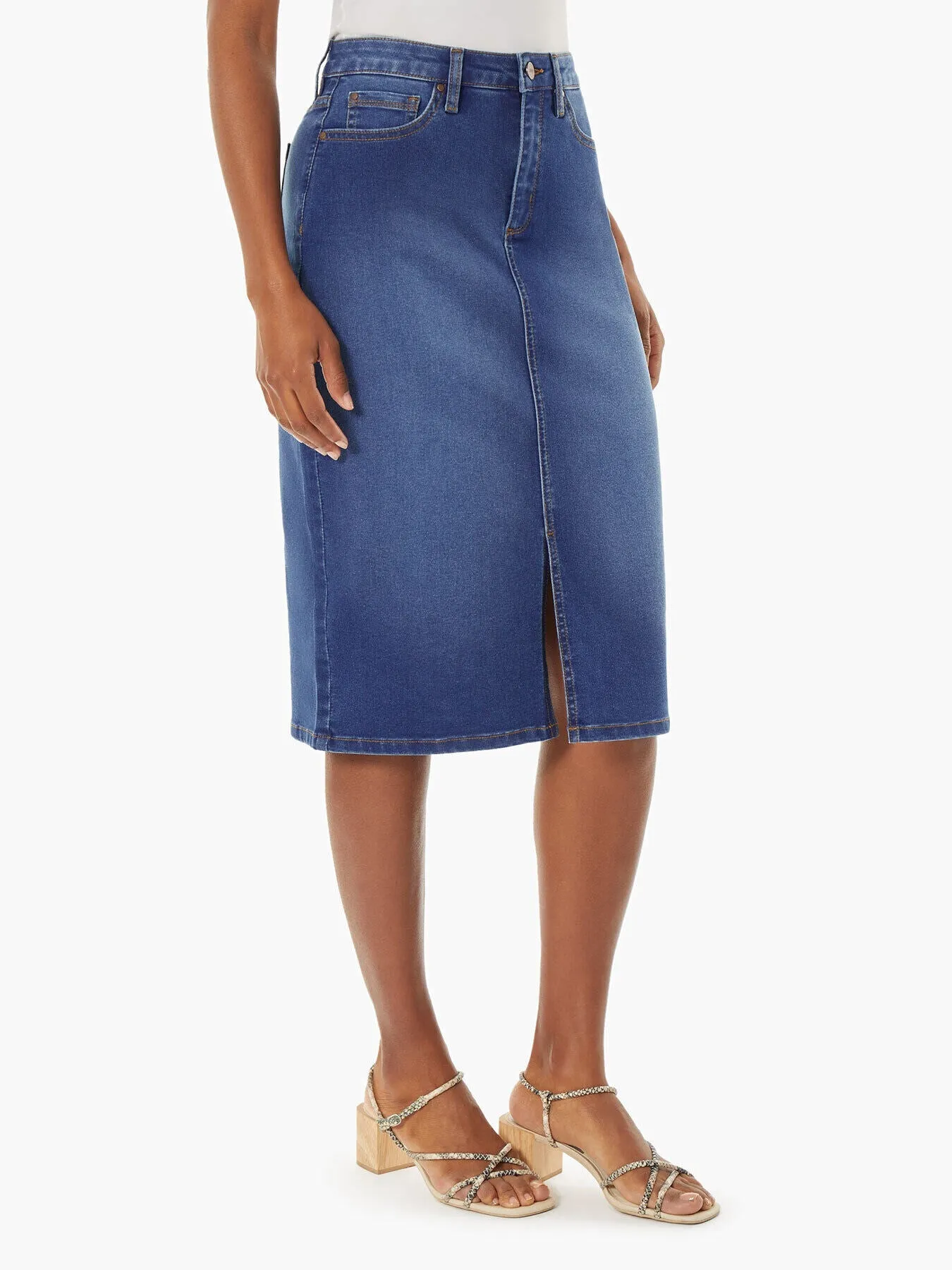 Lexington Fly-Front Midi-Length Denim Skirt, Sky Wash