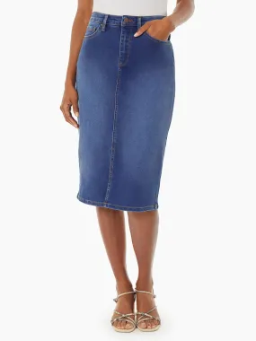 Lexington Fly-Front Midi-Length Denim Skirt, Sky Wash