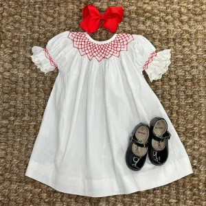 Light Heirloom Ivory Bishop Dress With Red Smocking