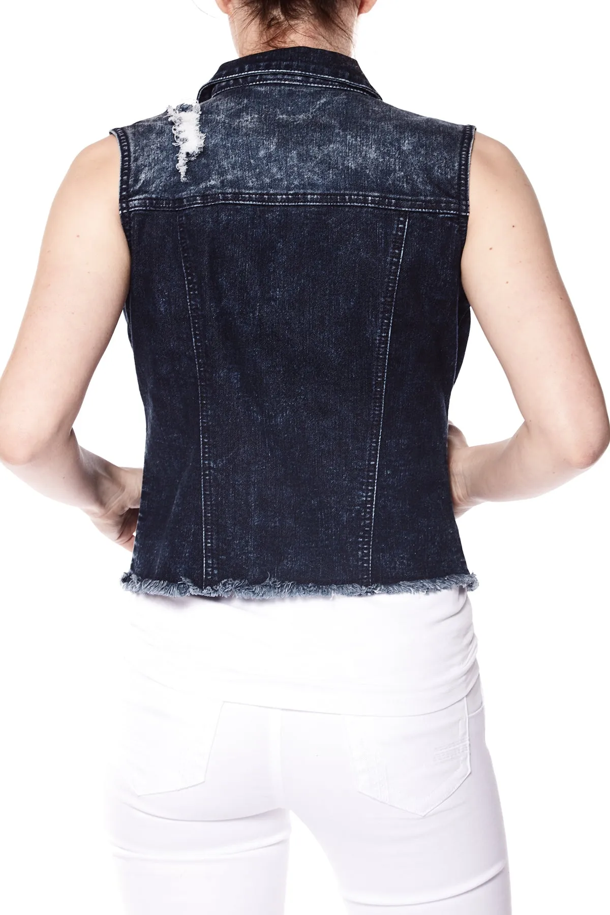 MANDY - Ladies Denim Vest - Dark Blue Acid Wash