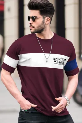 Men maroon half sleeve Round Neck striped T-Shirt