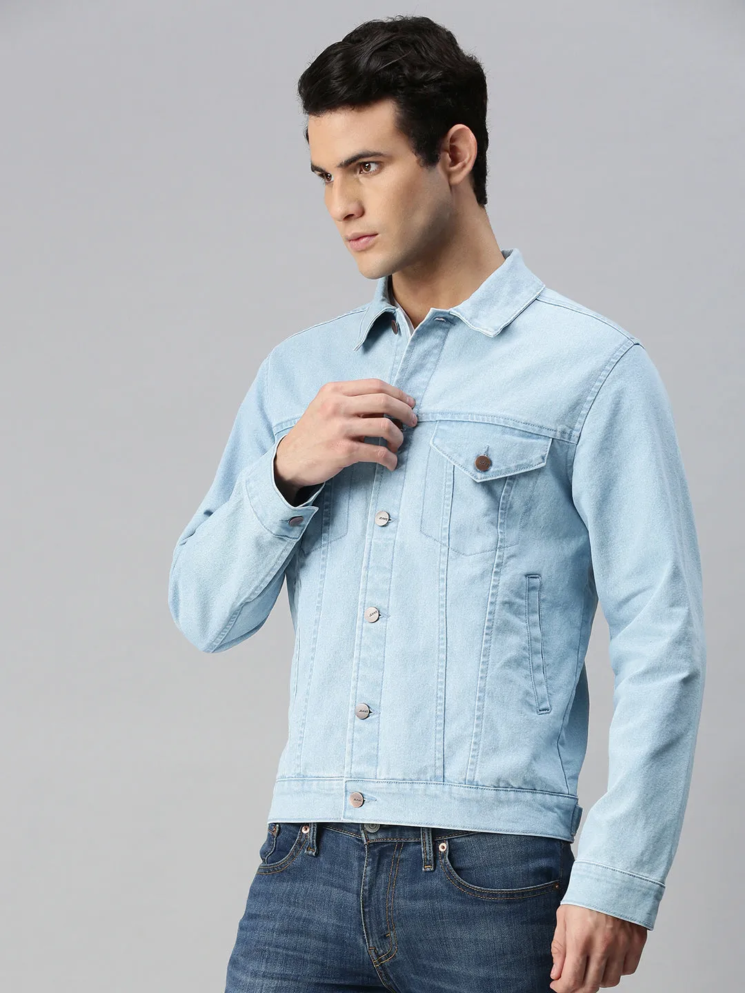 Men's Ice Blue Regular Fit Washed Full Sleeve Denim Jacket