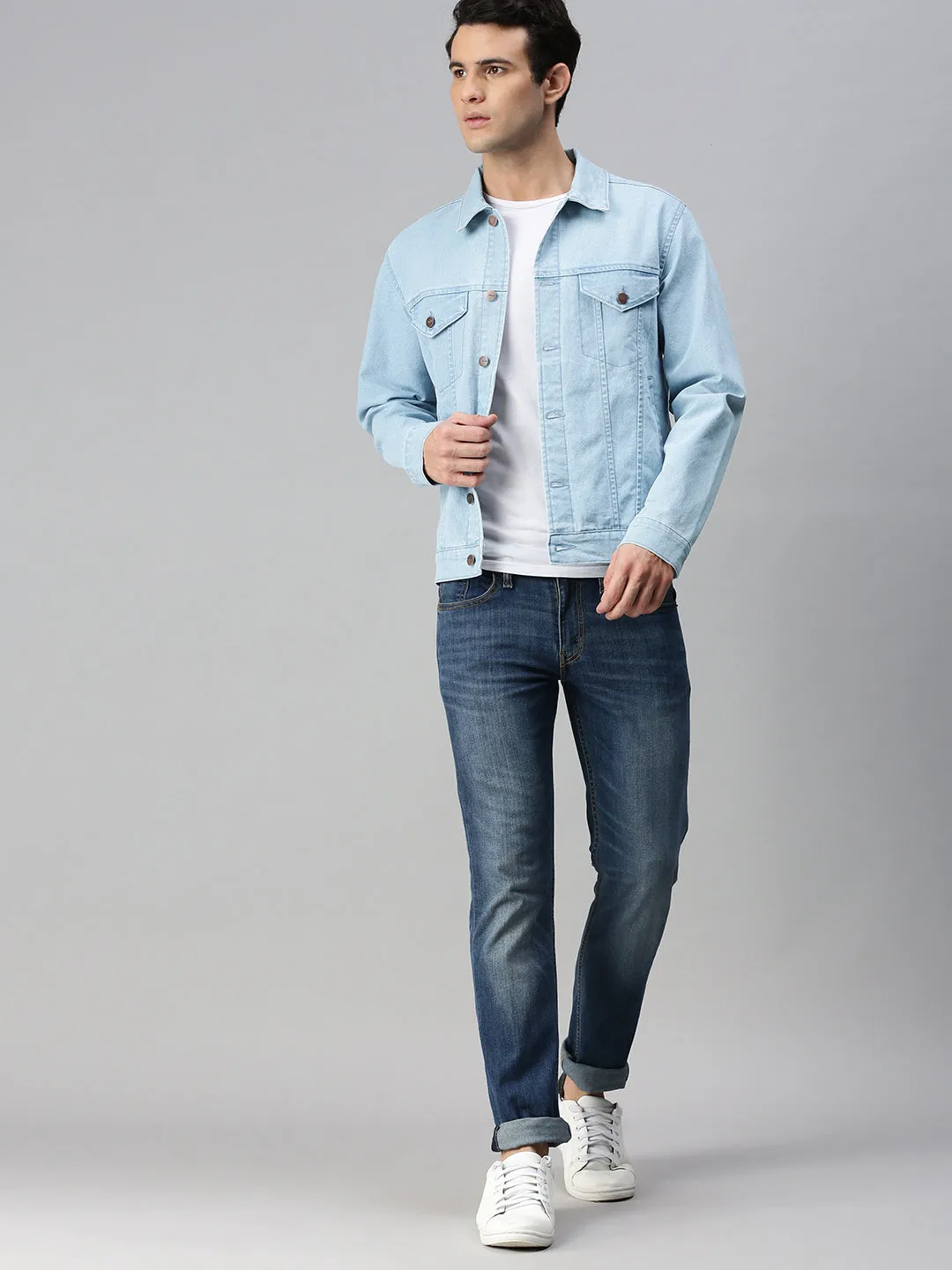 Men's Ice Blue Regular Fit Washed Full Sleeve Denim Jacket