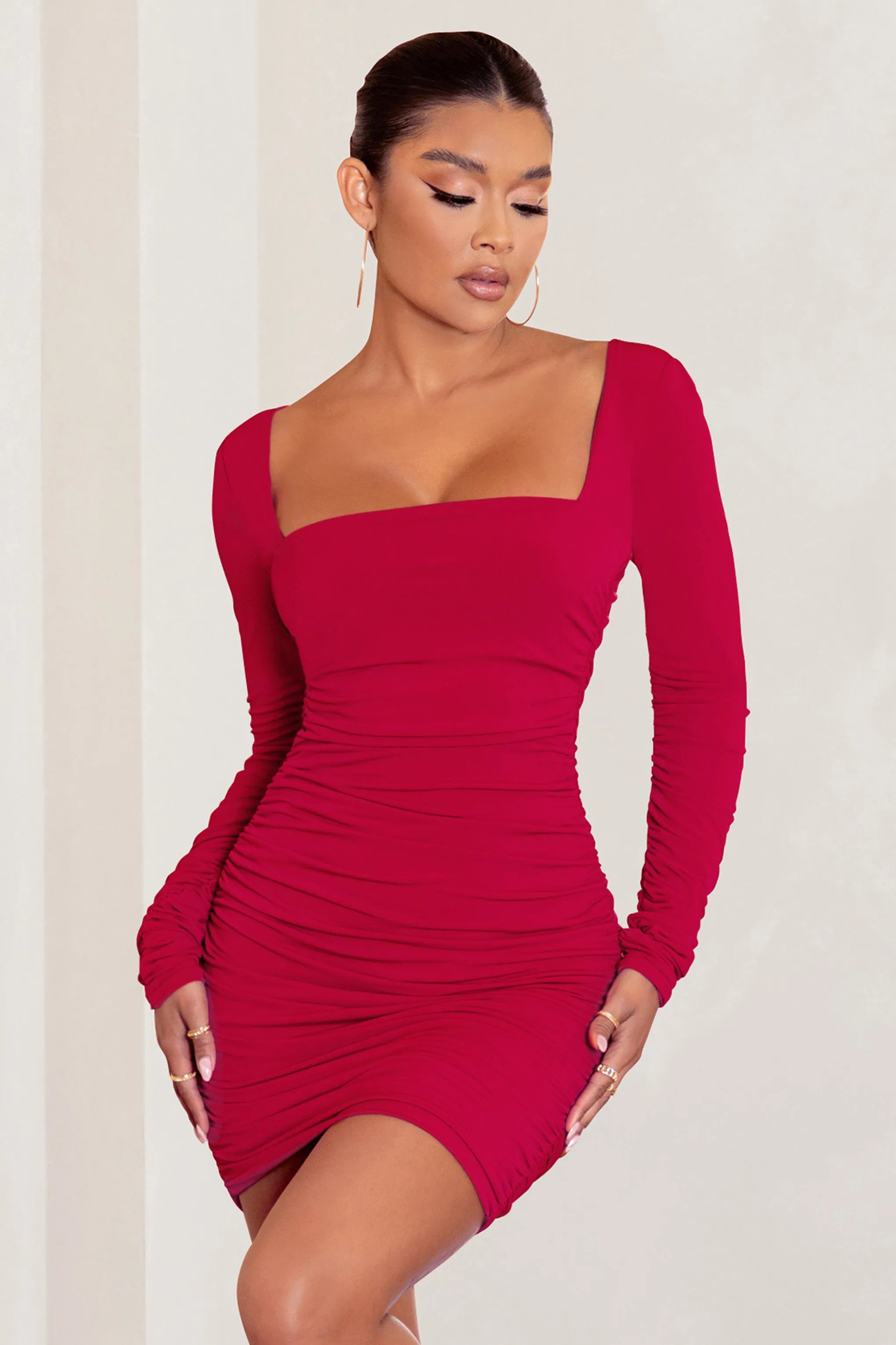 Muse | Red Long Sleeve Square Neck Ruched Mini Dress