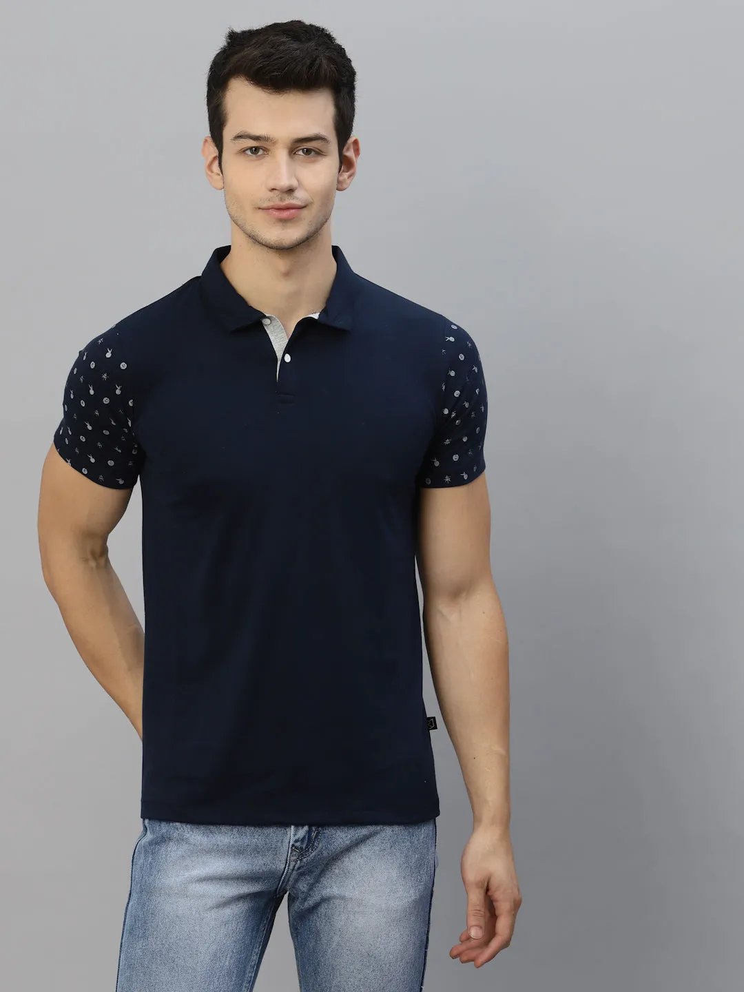 Navy Printed Polo Neck Half Sleeve T-Shirt