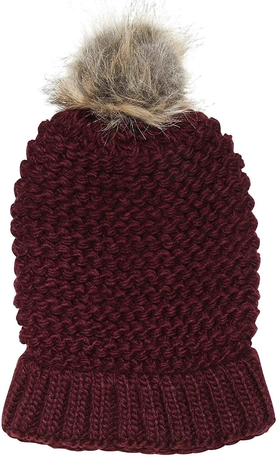 NYC Underground Soft Purl Knit Beanie Hat with Faux Fuzzy Fur Pom Warm Chunky Fall Winter Slouchy Lined Skull Cap Cuff