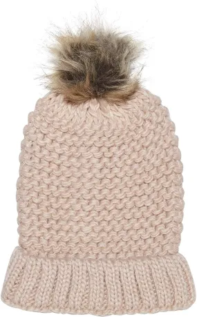 NYC Underground Soft Purl Knit Beanie Hat with Faux Fuzzy Fur Pom Warm Chunky Fall Winter Slouchy Lined Skull Cap Cuff