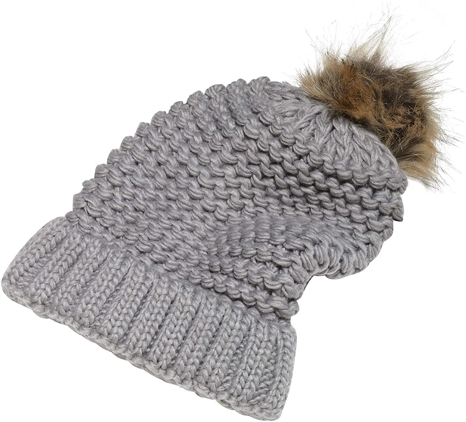 NYC Underground Soft Purl Knit Beanie Hat with Faux Fuzzy Fur Pom Warm Chunky Fall Winter Slouchy Lined Skull Cap Cuff