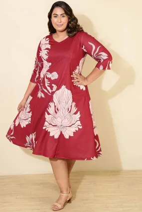 Plus Size Red White Tropical Print A line Dress