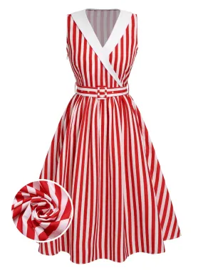 [Pre-Sale] Red & White 1950s Striped Lapel Sleeveless Dress