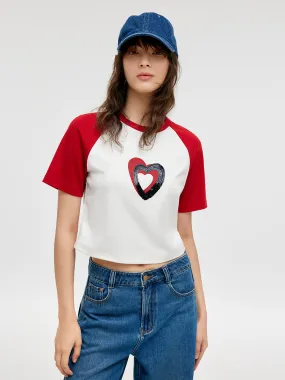 Raglan Sleeves Heart Printed Sequins Women Crop T-Shirt