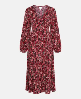 Red Floral Printed Long Sleeve Midi Dress