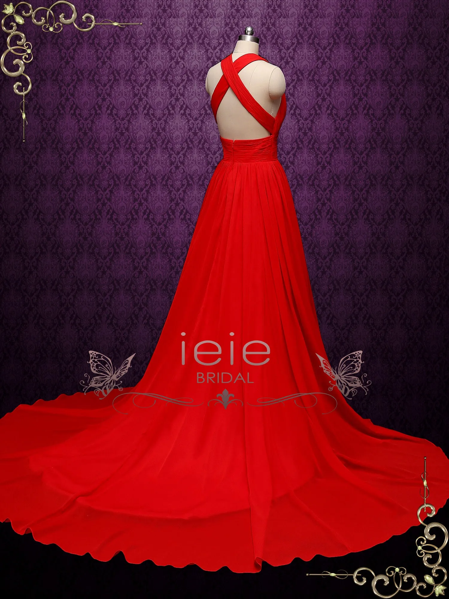 Sexy Red Chiffon Wedding Dress with Plunging Neck MOULIN